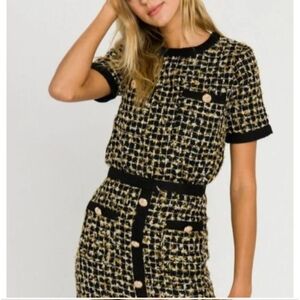 Endless Rose Black and Gold Tweed Skirt And Crop Top Set